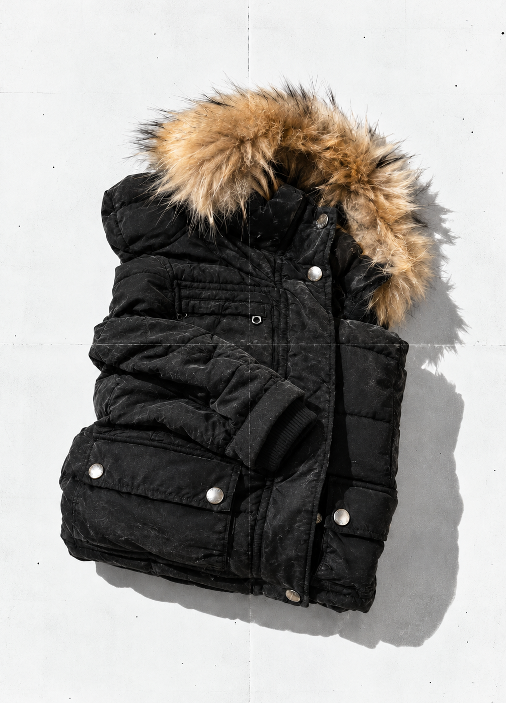 Guess - Navy Puffer Jacket with Fur Hood - Size XS