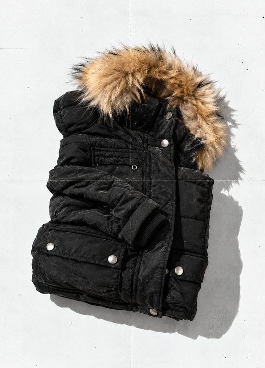 Guess - Navy Puffer Jacket with Fur Hood - Size XS