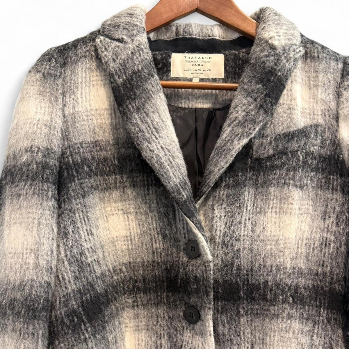 Zara - Womens Wool Blend Checkered Coat - Black & White - Size XS