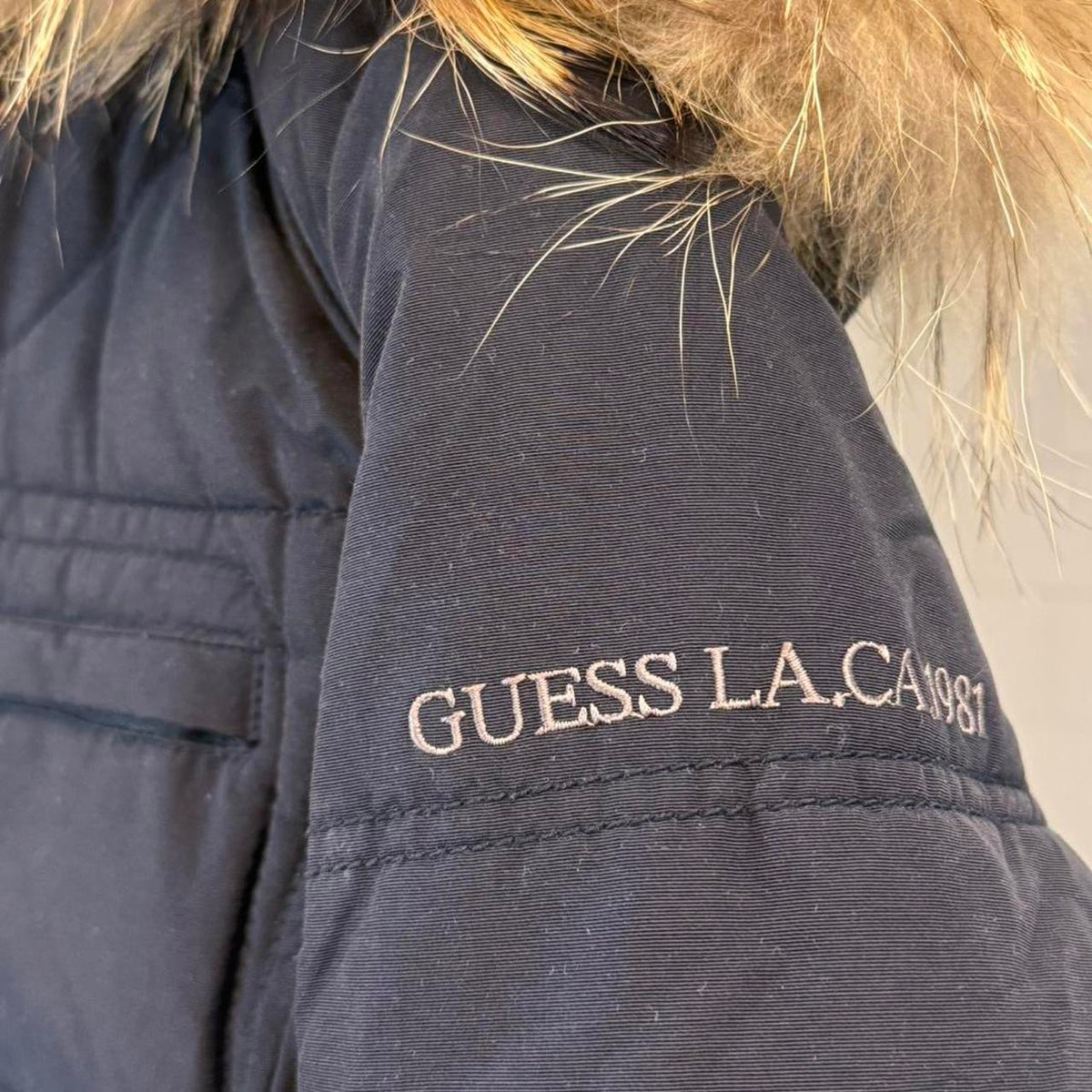 Guess - Navy Puffer Jacket with Fur Hood - Size XS