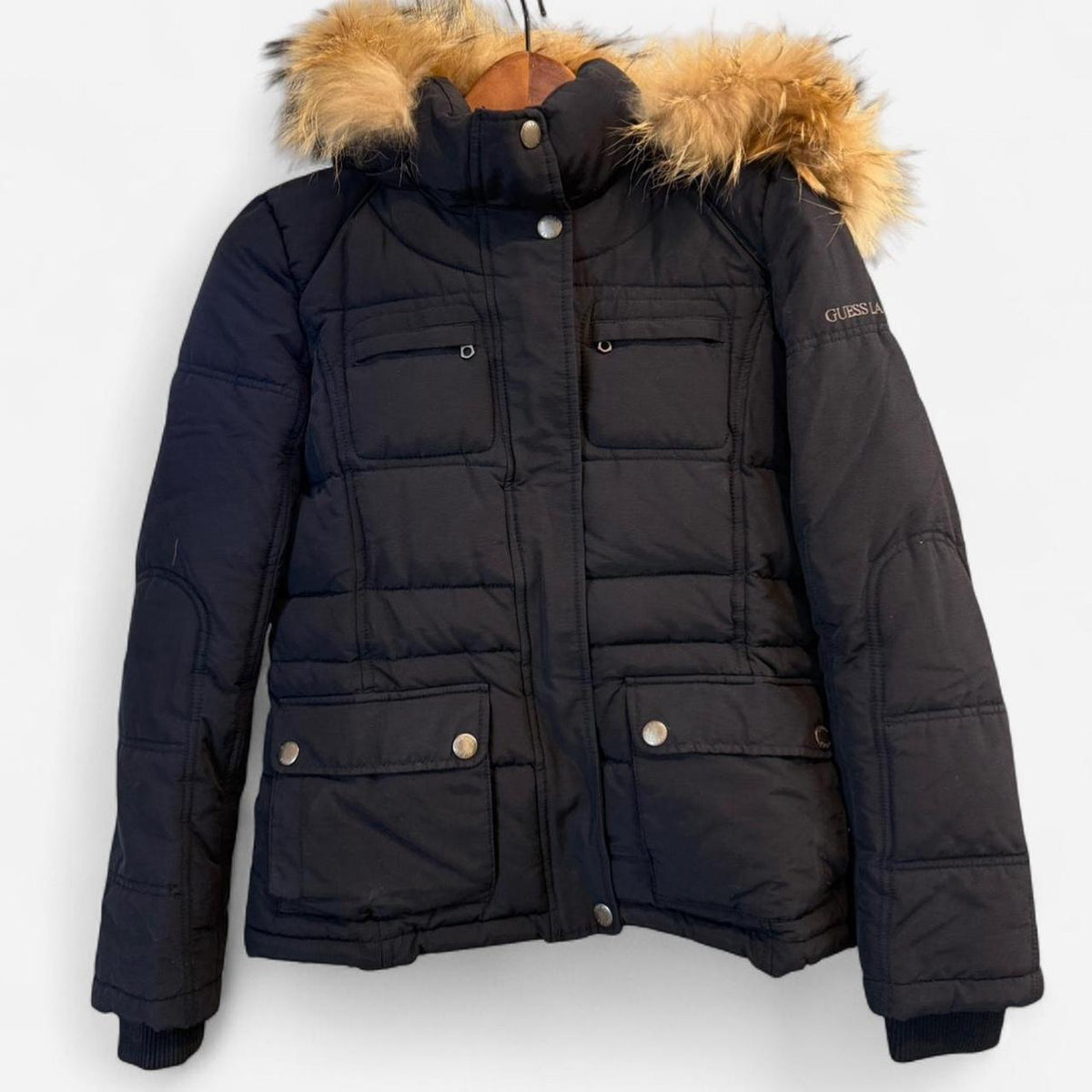 Guess - Navy Puffer Jacket with Fur Hood - Size XS