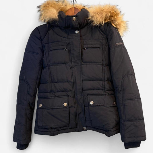 Guess - Navy Puffer Jacket with Fur Hood - Size XS