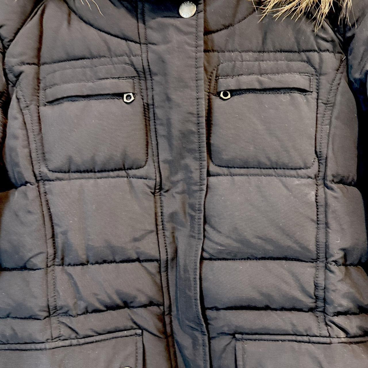 Guess - Navy Puffer Jacket with Fur Hood - Size XS